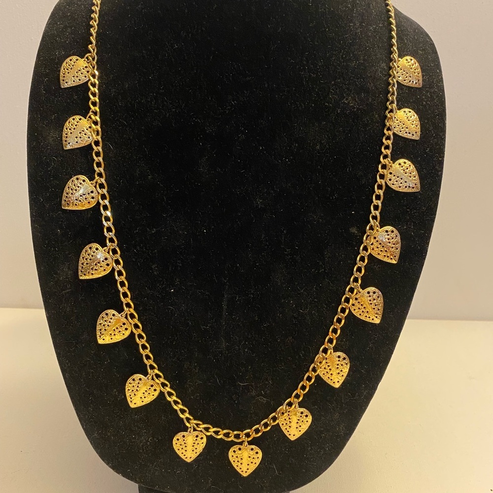 Vintage Trifari Gold-Toned Filigree Heart Charm Necklace 30”